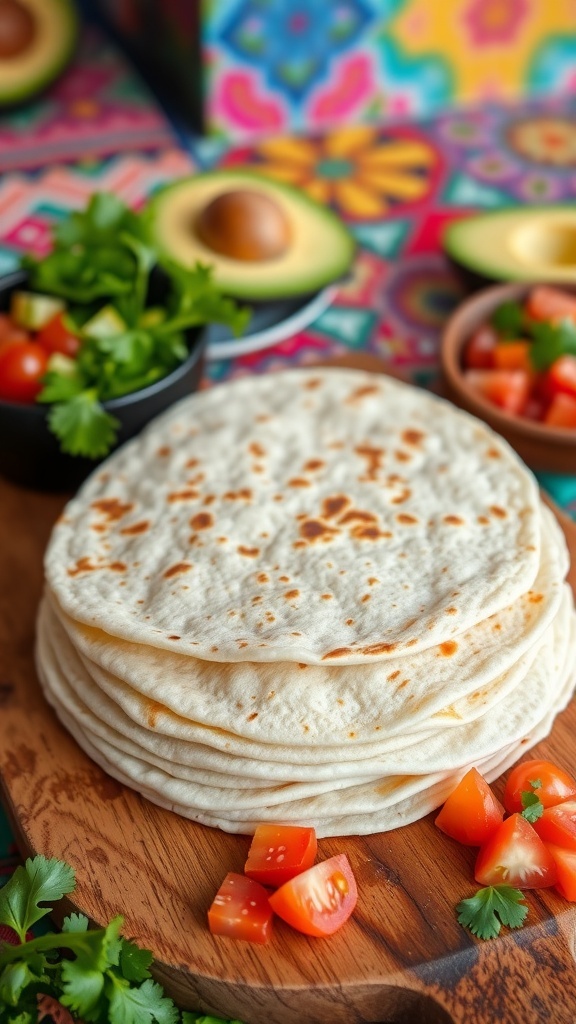 Gourmet Tortilla Recipe A stack of warm gourmet tortillas on a wooden board with fresh ingredients for tacos.
